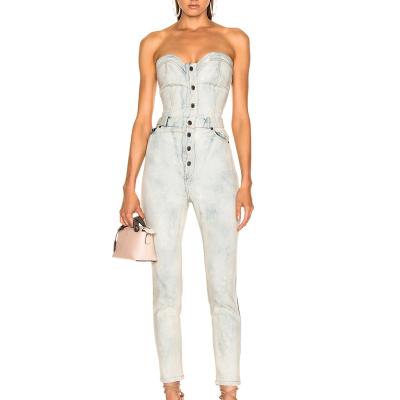 China Breathable Off The Shoulder Button Front Stretch Womens Tube Top Skinny Denim Overalls Jumpsuit Rompers With Narrow Leg for sale