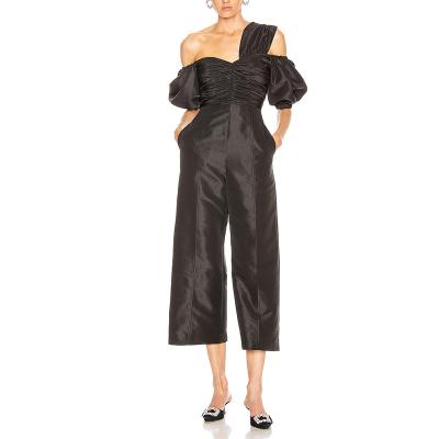 China Anti-Static Women's Sexy Shoulder Cut Out Romper One Piece Ruched Wide Leg Overalls Nine Leg Length Above Knee For Autumn Polyester Asymmetrical for sale