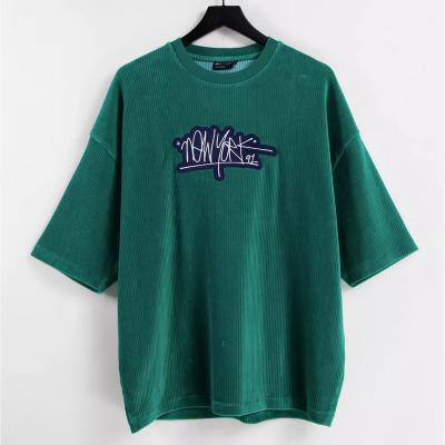 China High Quality Viable Green Men's T-Shirt Oversized Crew Neck Ribbed Velvet With New York City Embroidery for sale