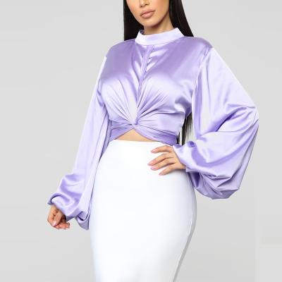 China Anti-pilling New Long Style Balloon Sheath Fake Neck Satin Blouse Women for sale