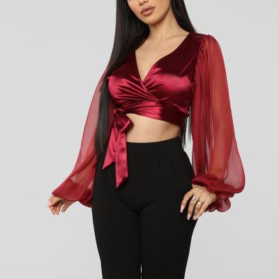 China Anti-pilling Autumn New Style V-Neck Puff Sleeve Satin Tops Women 2019 for sale