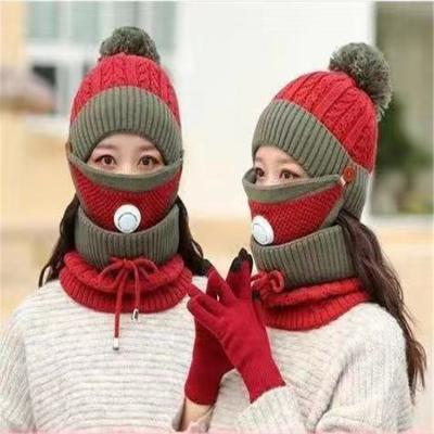 China Short 4 Piece Winter Knit Beanie Hat Mask Scarf Neck Warmer Gloves Sets High Quality Women's Cold Weather Bobble Accessory Hats for sale