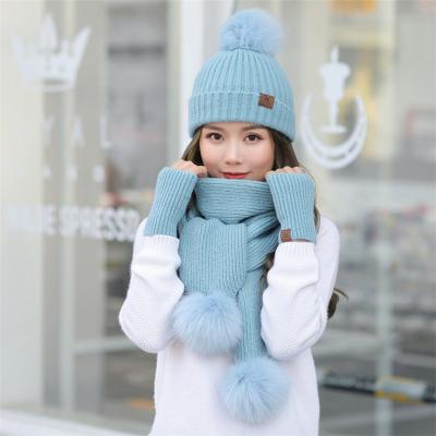 China Long 3 Piece Winter Knit Beanie Hat Long Scarf Neck Warmer Gloves Set High Quality Cashmere As Women's Cold Weather Accessory for sale