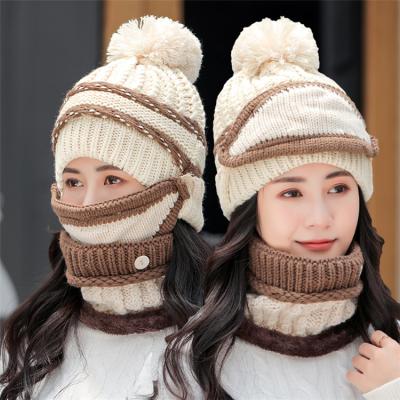 China Short 3 Piece Winter Knit Beanie Hat Mask Scarf Neck Warmer Set High Quality Women's Cold Weather Accessory Hat With Pom Pom for sale