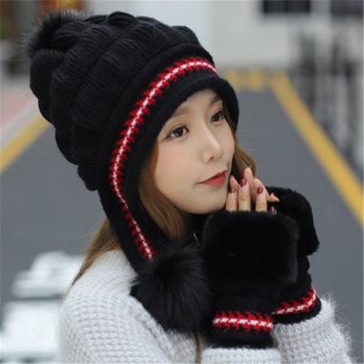 China Women's Winter Warm Short Hat Pompom Knitted Beanie Hat And Glove Set Velvet for sale