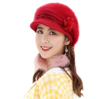 China COMMON Loose Warm Winter Knitted Rabbit Fur Hat Women Cold Weather Hat Knitted Ski Beanie Skull With Sun Visor for sale