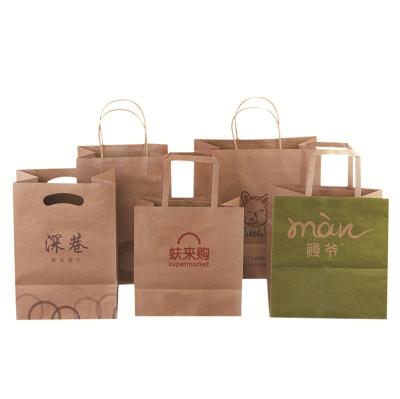 China Handle Recyclable Flat Fast Hot Food Pink Logo Printed Kraft Paper Bag Square Bottom for sale