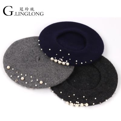 China 2021 Fashion New Picture Pearl Wool Beret 100% Knitted Hat For Lady for sale