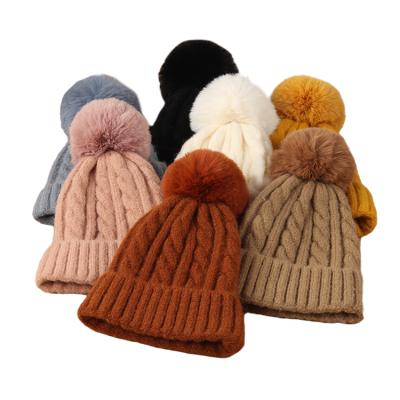 China OEM 2022 New JOINT Warm Sheep Fur Ball Cap Custom Winter Knitted Hat For Outdoor for sale