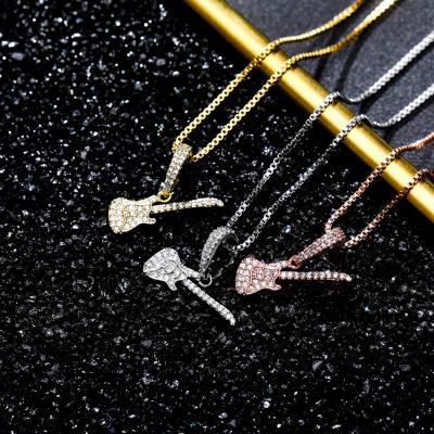 China Hiphop Mini Musical Instrument Jewelry Hip Hop Hops Sterling Silver 925 CZ Guitar Pick Necklace for sale