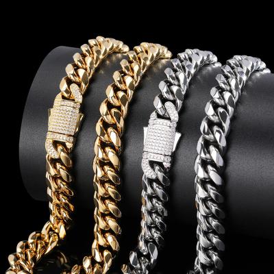 China New Hiphop 12mm Width Spring Buckle Diamond Necklace Stainless Steel Miami Cuban Link Chain for sale