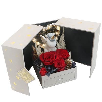 China Environmentally Friendly Custom Romantic Pragmatic Gift Box Red Unicorn Flowers Preserved In Dom Glass Eternal Dry Flower Rose for sale