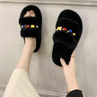 China 2021 New Arrival PU Women's Warm Slippers Winter Fur Platform Sandals for sale