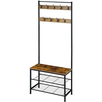 China Hall Entrance Industrial Style Wood Hanger Rack Metal Wooden Coat Rack With Shoe Bench for sale