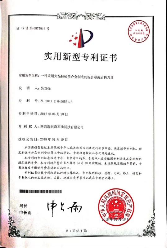 Utility Model Patent Certificate - Shaanxi Hainaisen Petroleum Technology Co.,Ltd