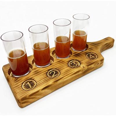 China Morden House Hotel Restaurant Serving Beer Tray Rustic Burnt Wooden Sampler Board Tray With Bottle Opener for sale