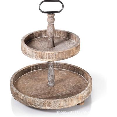 China Morden 2 Tier Wooden Tray Round Candle Tray Old Style Farmhouse Kitchen Pastry Wooden Tray for sale