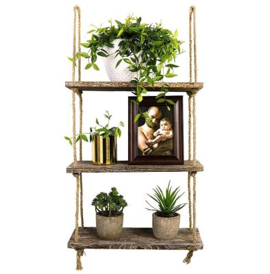 China Wholesale Adjustable Antique Wooden Rope Wall Jute Wooden Floating Shelf (Other) 3 Tiers for sale