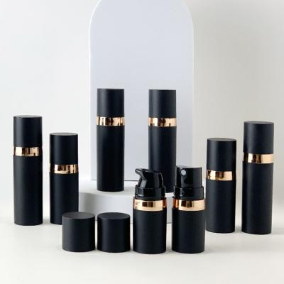 China 5ml 10ml 15ml Cosmetic Matte Black Plastic Airless Pump Lotion Bottle With With Gold Cap Pump for sale