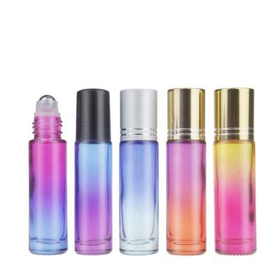 China Classic 10ml Gradient Colors Essential Oil Perfume Glass Roll On Bottles With Stainless Steel Ballpoint And Black Plastic Cover for sale