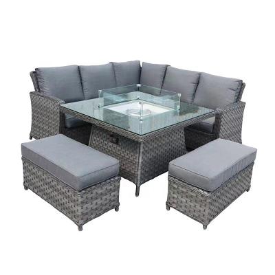 China Weather Resistant High Quality Aluminum Rattan Corner Sofa Set With Gas Firepit Table for sale