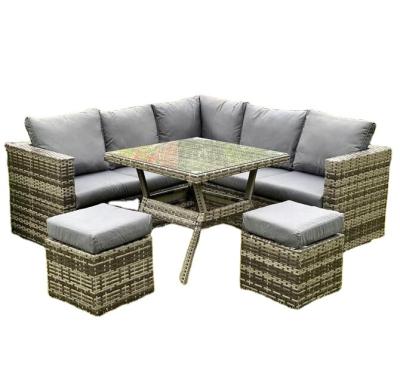 China Weather Resistant Ready to Shipping Corner Sofa with Dining Table and 2 Stools in Small Gray Rattan for sale