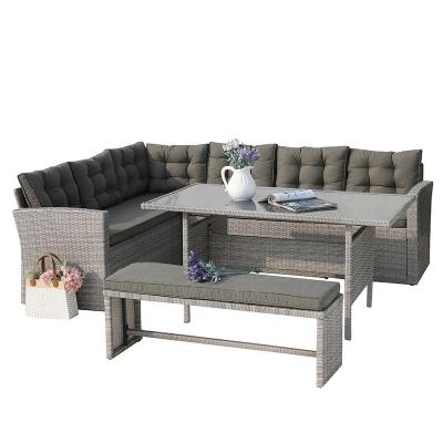 China Weather Resistant Ready To Ship 6-9 Seater Rattan High Back Corner Sofa Dining Set Gray for sale