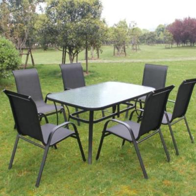 China 7 Piece Modern Metal Outdoor Patio Conversation Steel Dining Tables and Flange Chairs Patio Garden Furniture Set for sale