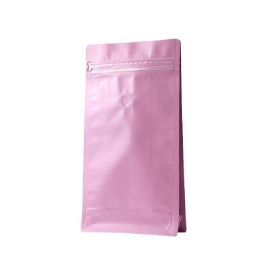 China Recycled Materials Flat Bottom Paper Bag 250g Matte Pink Coffee Bean One Side Valve Packaging Ziplock Pouch for sale