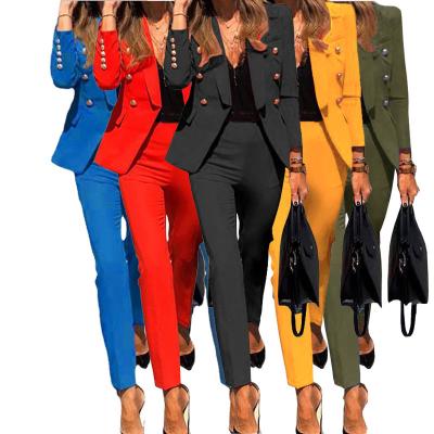 China Popular Lady Plaid Shoulder Pads Two Piece Suit Anti-wrinkle Simple Office Solid Suits Jackets Women Blazer Suit for sale