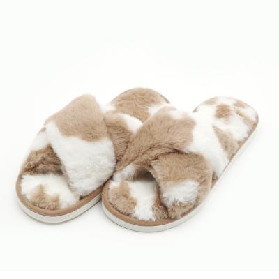 China Fashion Trend Sale Custom Made Women Faux Rabbit Fur Warm Slippers Fashion Strap Two Cross Fur Slides for sale