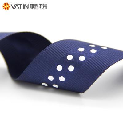 China Viable Wholesale Navy Blue Polka Dots Printed Satin With Grosgrain Edged Awareness Ribbon for sale