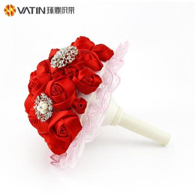 China Artificial Handmade Ribbon Rose Flowers Wedding Stand Satin Bouquet Custom Wholesale Top Standard for sale