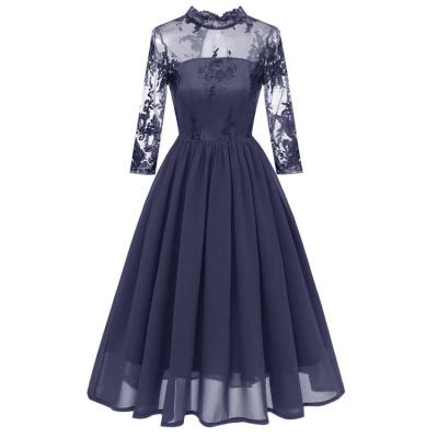 China Breathable Sexy Sheer Lace Chiffon Llusion Dress 3/4 Sleeve Floral Embroidered Ladies Party Evening Dresses for sale