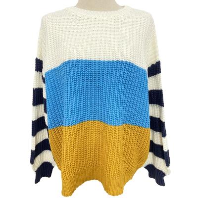 China Soft Women's Lady Clothing Oversized Sweater China Knitwear Warm Tricolor Striped Women Long Sleeve Pullover Sweater for sale