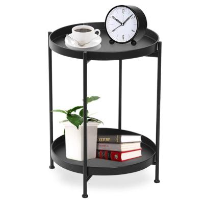 China (Other) 2 Tier Black Metal Round Adjustable End Table Sofa Side Table with Removable Tray Foldable Coffee Table for Small Spaces Bedroom Patio for sale