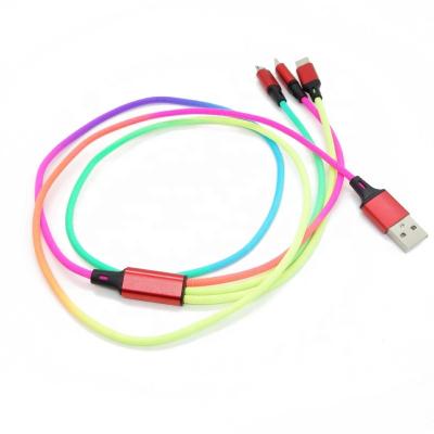 China Mobile phone free logo engrave phone charger rainbow color one to three charging cable 3 in 1 mobile phone usb cable for promotion for sale