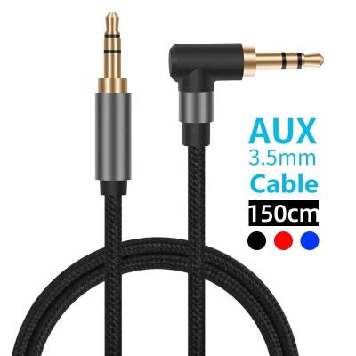 China Car 90 Degree Bend Nylon Braid 1.5m Audio Cable Male 90 Degree Car Audio Cable To Male 3.5 Mm Recording Cable Interface for sale