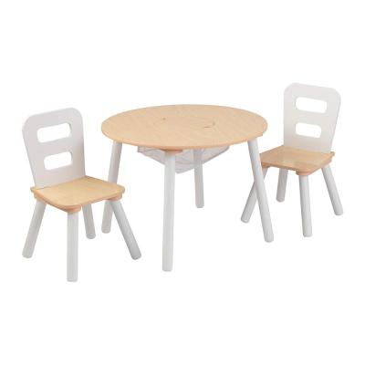 China New Design Eco-friendly Natural Wooden Round White Kids Children Storage Table And Chair Set for sale