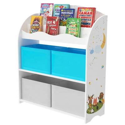 China Sustainable Floor Standing Kids 2-Tier Wooden Kids Toy Organizer And Bookshelf for sale