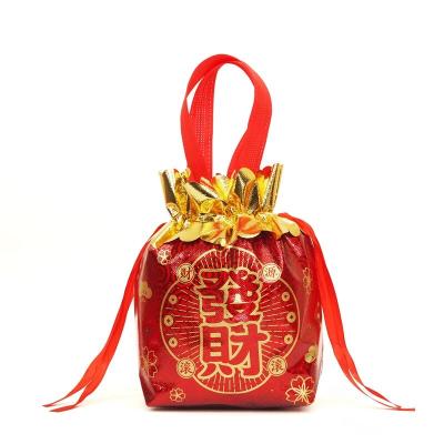 China Mid Rope Handle Autumn Festival Happy New Year Blessing Reusing Foldable Waterproof Nonwoven Red PP Tote Bag Gold Printing Rope Bag for sale