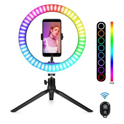 China Rechargeable Plastic 10 Inch RGB Color Led Ring Light Set With Wireless Remote Mount And Phone Holder for sale