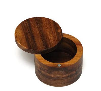 China Sustainable Small Acacia Round Wooden Tube Salt Box Wooden Storage Kitchen Spiece Box for sale