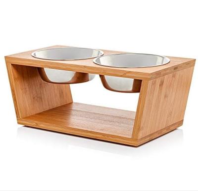 China Sustainable Wooden Raised Dog / Pet Cat Feeder With 2 Stainless Steel Bowls for sale