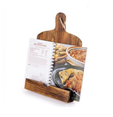 China Sustainable Rustic Wooden Brown Recipe Cookbook iPad Shelf Wooden Stand Holder Cutting Board Display Rack for sale