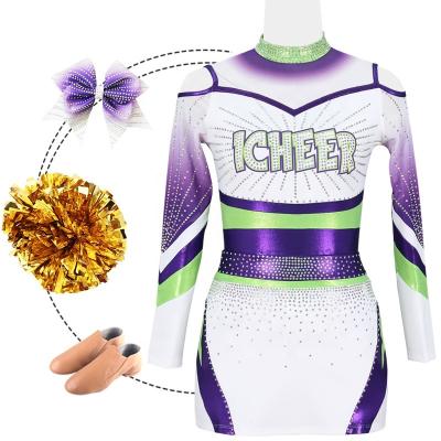 China high quality crystal fabric 250gsm cheer uniforms design your own custom made youth girls cheerleading uniforms for sale