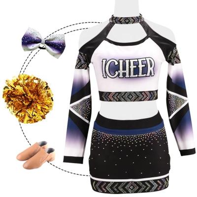 China 250gsm Fabric OEM Design Your Own Cheerleader Uniform Adult Competitions Costume Long Sleeve Sublimated Rhinestone Cheerleading Uniforms for sale