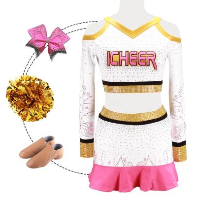 China Custom 250gsm Fabric Cheer Dance Cheerleading Uniforms All Cheer Uniform With High Quality Cheer Team Wear Outfit Pink And Gold for sale