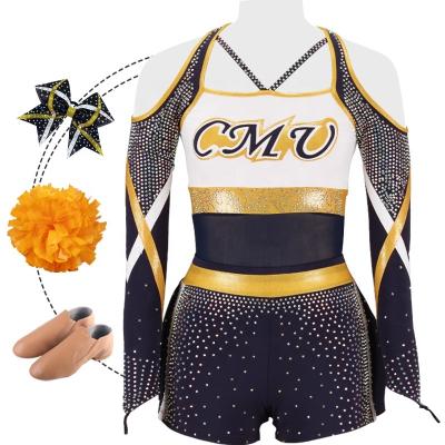 China wholesale 250gsm fabric comfortable popular golden purplish blue tops and shorts competitions cheerleading uniforms with rhinestones by ab crystal for sale