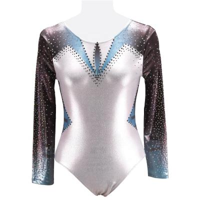 China 250gsm fabric customized rhinestone competition gymnastics leotard and Gray Gradient Mystique Fabric Gym leotard for women or men for sale